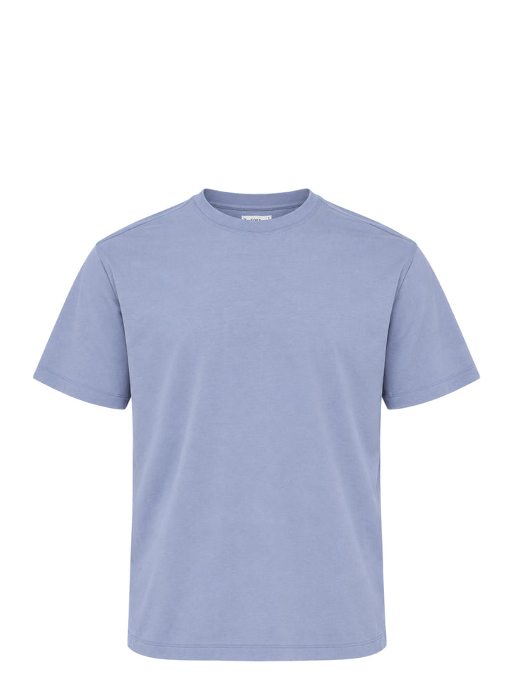 YOKE Suvin Cotton T-Shirt in washed blue with ribbed crew neck and short sleeves, shown from the front