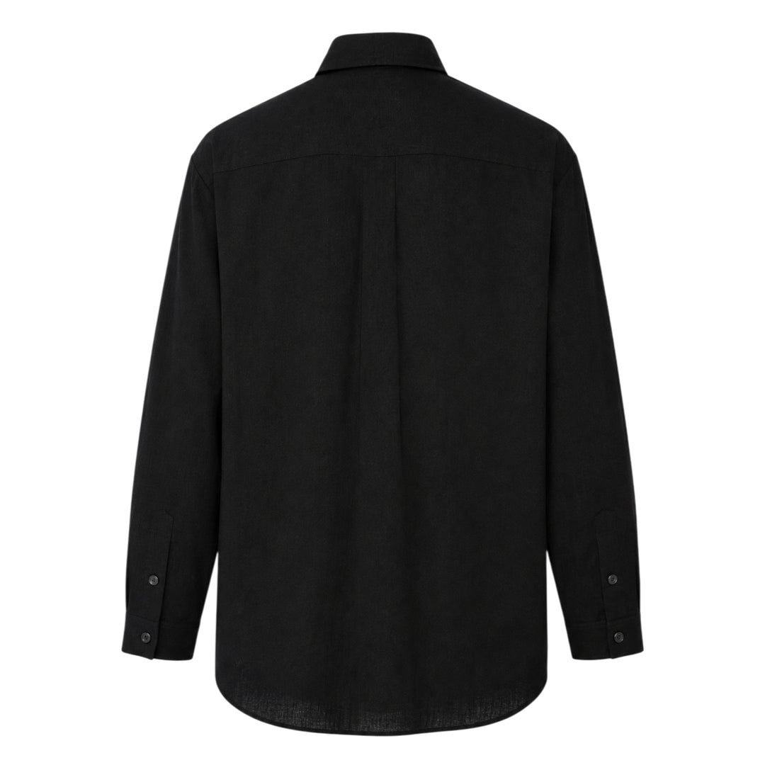 Yohji Yamamoto Spare Collar Long Sleeve Shirt in black, oversized fit with dual buttoned chest pockets and tonal button-through placket, front view on white background - view 2