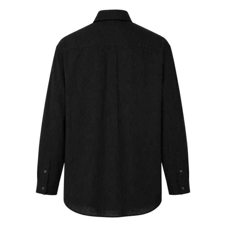 Yohji Yamamoto Spare Collar Long Sleeve Shirt in black, oversized fit with dual buttoned chest pockets and tonal button-through placket, front view on white background - view 2