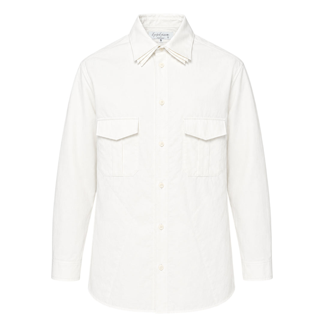 Yohji Yamamoto Padded Triple Collar Blouse in off-white, featuring layered fanned collar leaves, tonal button-front placket, and dual angular chest pocket flaps