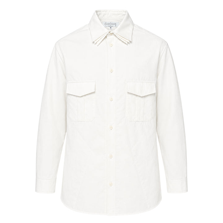 Yohji Yamamoto Padded Triple Collar Blouse in off-white, featuring layered fanned collar leaves, tonal button-front placket, and dual angular chest pocket flaps