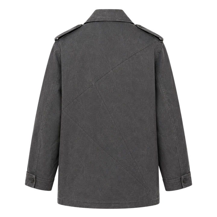 Yohji Yamamoto Military Field Coat in washed charcoal cotton canvas, displayed flat, showing open lapels with mauve lining, zip chest pockets, epaulette shoulders, and large flap cargo pockets - view 2