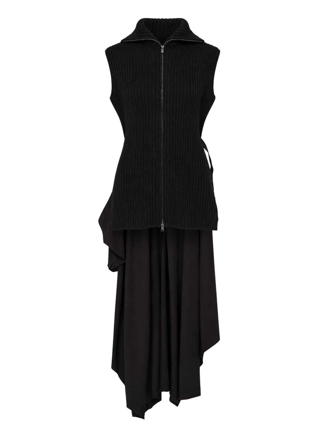 Yohji Yamamoto Knit Combi Kimono Coat featuring a sleeveless ribbed knit zip bodice with a draped asymmetric hem