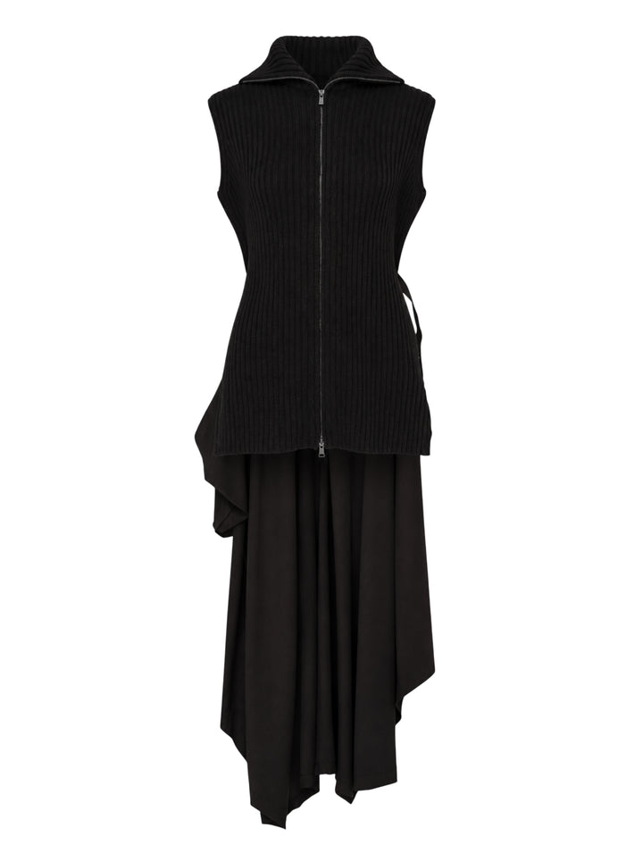 Yohji Yamamoto Knit Combi Kimono Coat featuring a sleeveless ribbed knit zip bodice with a draped asymmetric hem