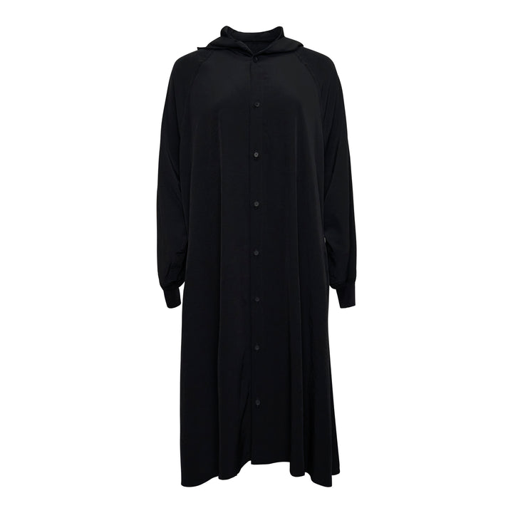 Yohji Yamamoto black hooded raglan sleeve midi dress with button-front fastening and fluid A-line silhouette, photographed flat on white background