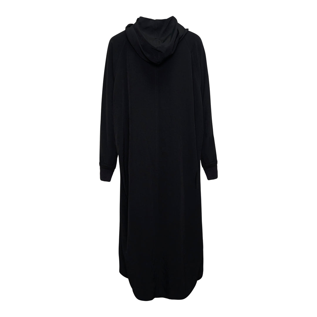 Yohji Yamamoto black hooded raglan sleeve midi dress with button-front fastening and fluid A-line silhouette, photographed flat on white background