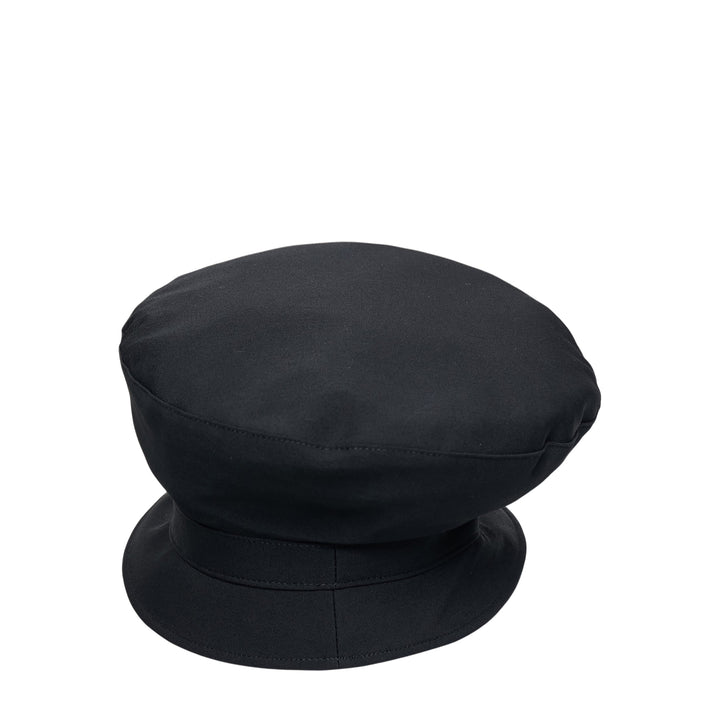 Yohji Yamamoto black bucket beret hat with oversized rounded crown, tonal seam detailing, and a flat structured peaked brim, shown on a white background - view 2
