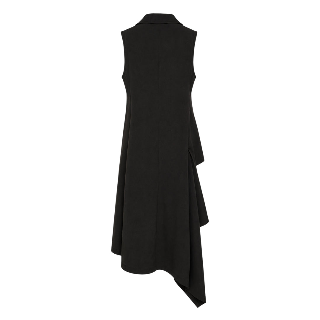 Yohji Yamamoto sleeveless long jacket in black with notched lapels, four-button front closure, flap hip pockets, and an asymmetric draped hem with dark lining, displayed on a white background - view 2