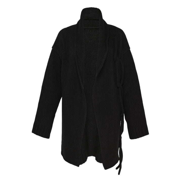 Yohji Yamamoto String Detail Cardigan in black — oversized open-front knit with tie-string hem detail and ribbed cuffs, displayed on a mannequin