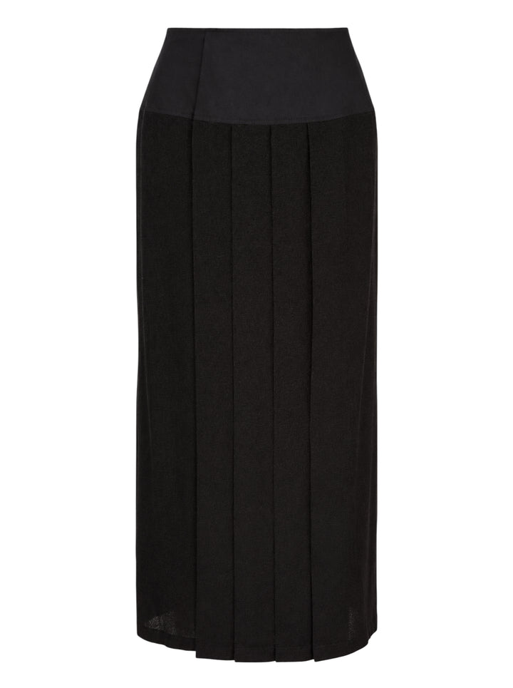 Yohji Yamamoto black pleated midi under skirt for kimono with a structured wide waistband, front view