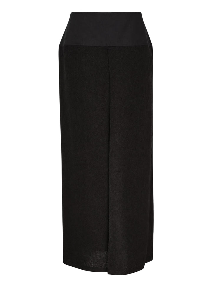 Yohji Yamamoto black pleated midi under skirt for kimono with a structured wide waistband, front view - view 2