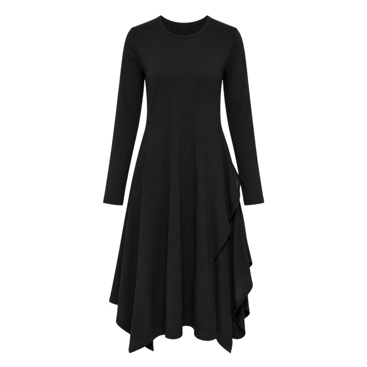 Yohji Yamamoto black long-sleeve asymmetric draped midi dress with cascading ruffle panel and handkerchief hem, front view on white background