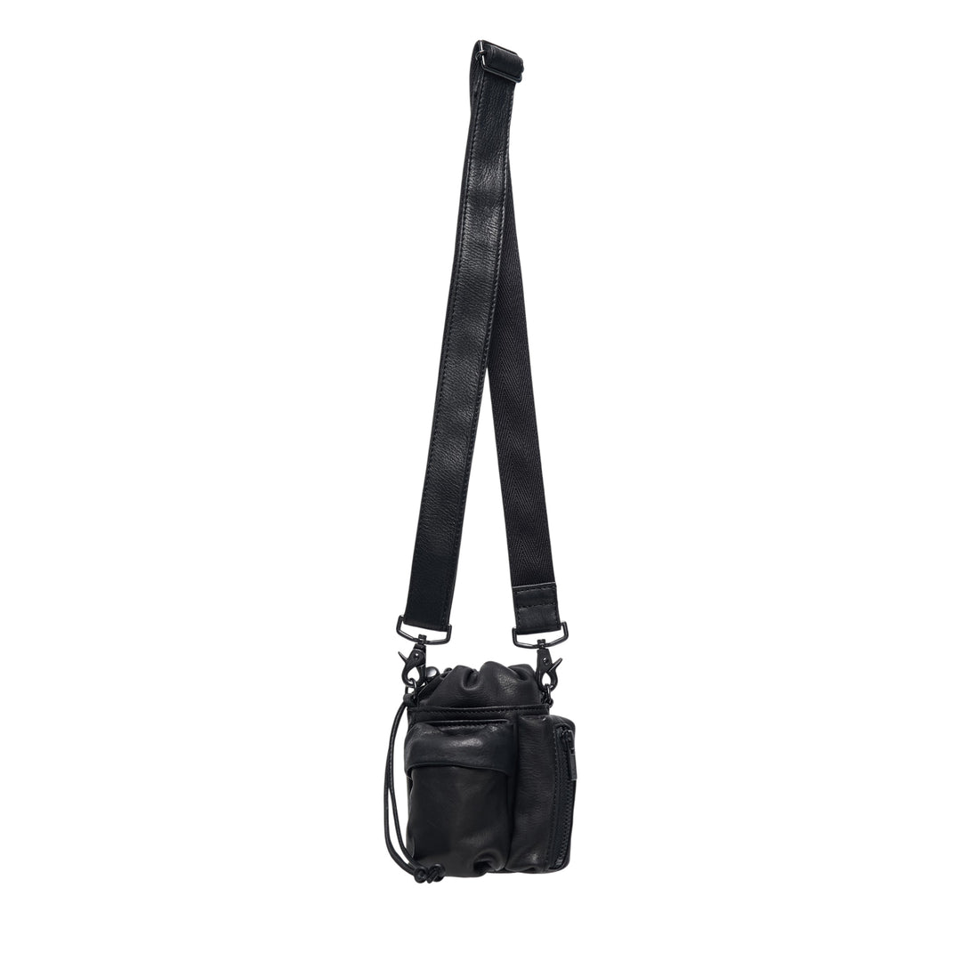 Y's 2 Way Mini Purse in black leather with long adjustable webbing crossbody strap, drawstring top closure, and exterior zip pocket, shown on white background
