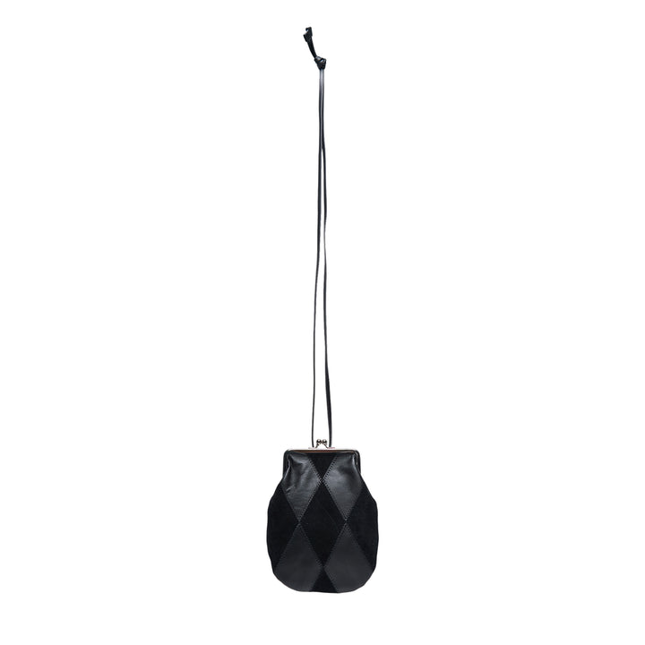 Y's black tonal argyle leather and suede patchwork mini pouch with silver-tone kiss-lock clasp, suspended from a long slender leather necklace cord against a white background