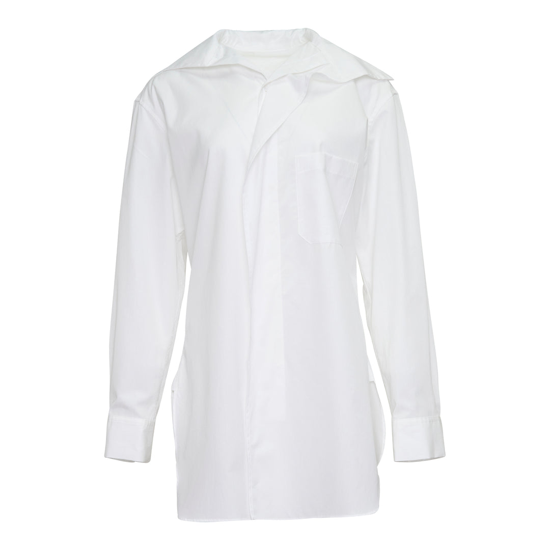 Y's U-Sailor Collar Shirt in white, featuring an oversized dramatic U-shaped sailor collar, concealed front placket, single chest patch pocket, and long sleeves with buttoned cuffs