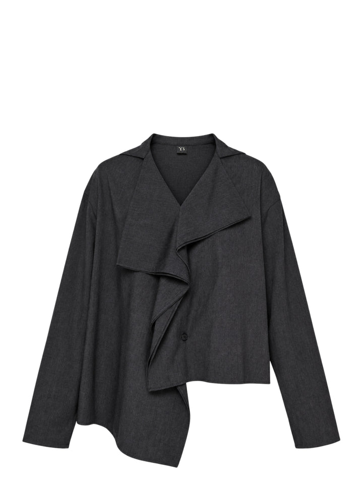 Y's charcoal grey draped asymmetric blouson with cascading ruffle front, notched collar and uneven hem
