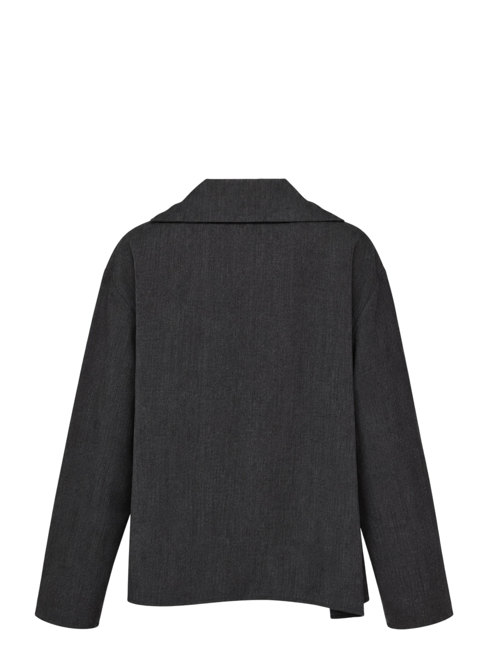 Y's charcoal grey draped asymmetric blouson with cascading ruffle front, notched collar and uneven hem - view 2