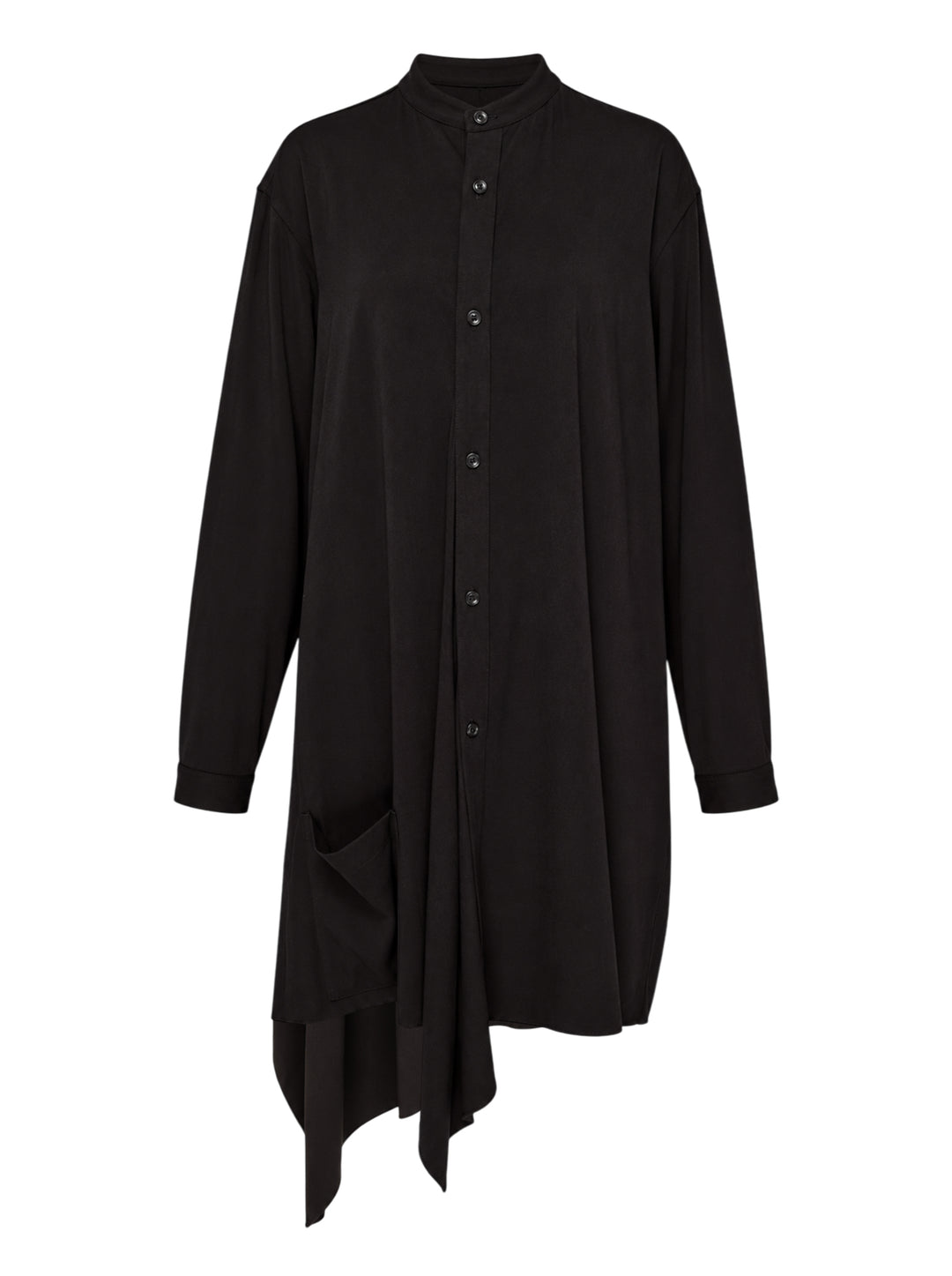 Y's black long-sleeve shirt dress with stand collar, button-through front, patch pocket and asymmetric draped hem