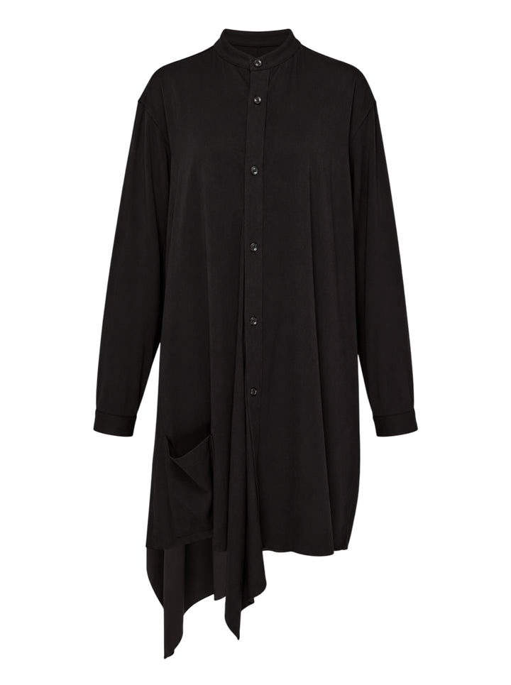 Y's black long-sleeve shirt dress with stand collar, button-through front, patch pocket and asymmetric draped hem