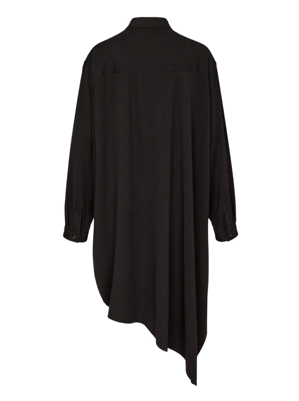 Y's black long-sleeve shirt dress with stand collar, button-through front, patch pocket and asymmetric draped hem - view 2