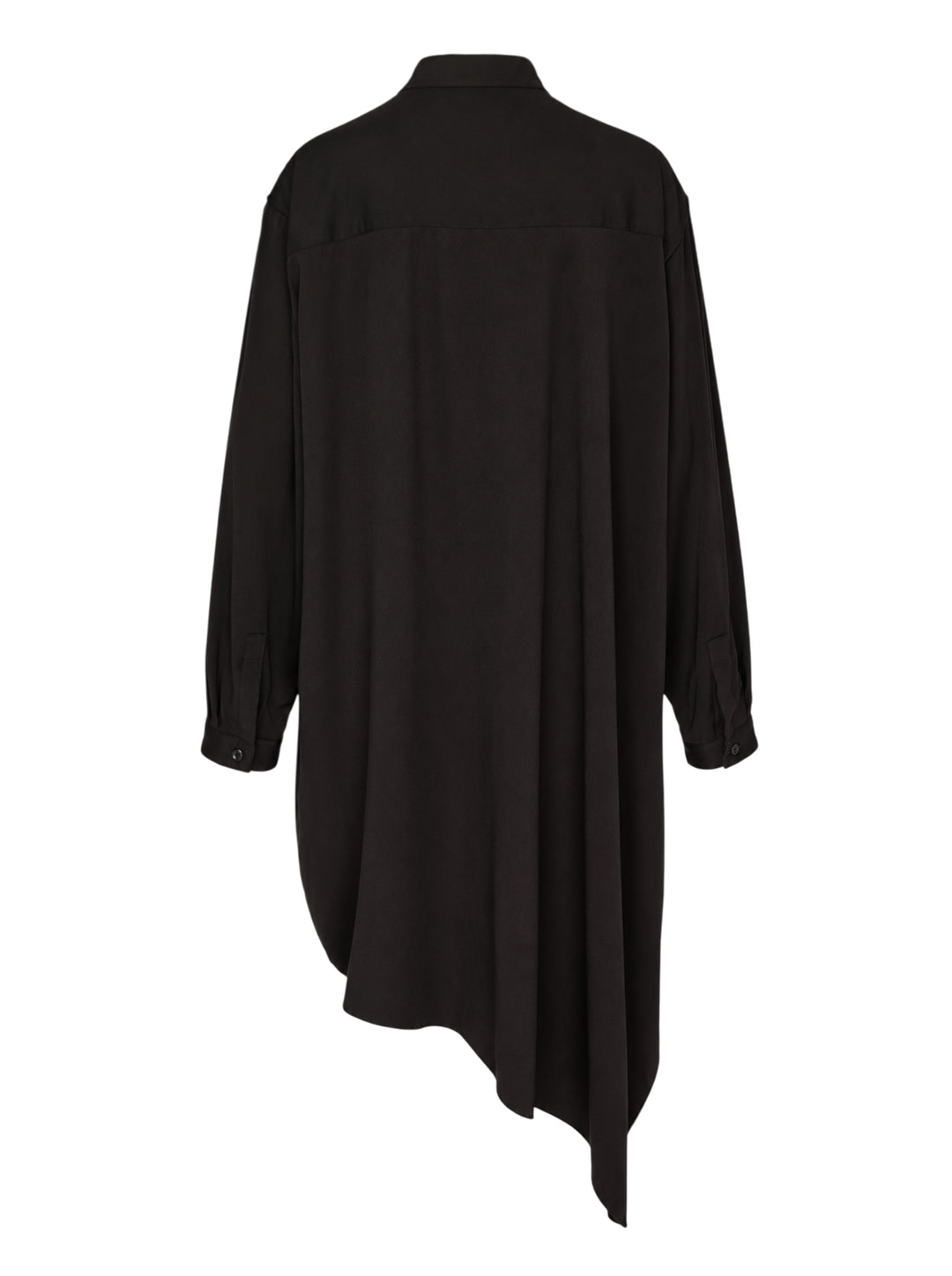 Y's black long-sleeve shirt dress with stand collar, button-through front, patch pocket and asymmetric draped hem - view 2