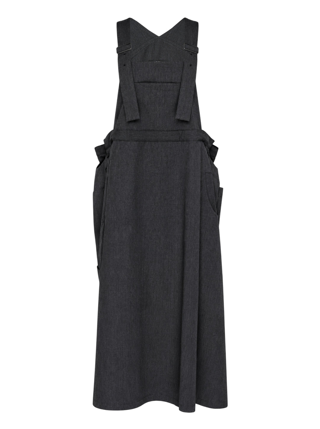 Y's charcoal grey wool salopette dress with crossover bib, buckled straps and oversized side pockets, shown from the front