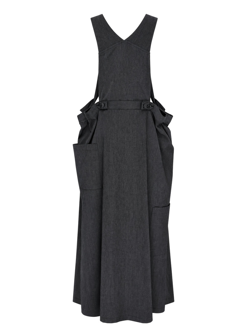 Y's charcoal grey wool salopette dress with crossover bib, buckled straps and oversized side pockets, shown from the front - view 2