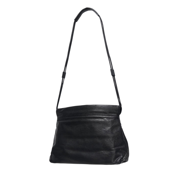 Y's black crinkled leather shoulder bag with arched silver-tone kiss-lock clasp pocket and adjustable slim leather strap, shown against a white background - view 2