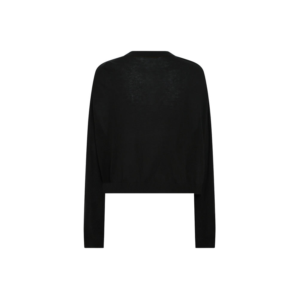 Y's Big Pocket Short Cardigan in black, front view — cropped button-front knit with oversized draped patch pockets and long sleeves on a white background - view 2