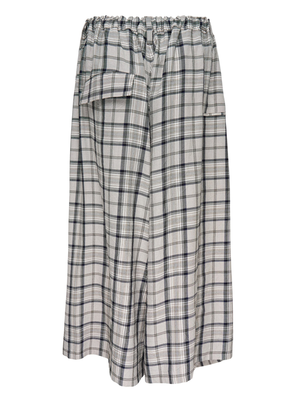 Y's gathered wide-leg pants in a grey, navy and white plaid with an elasticated waist and draped side panel - view 2
