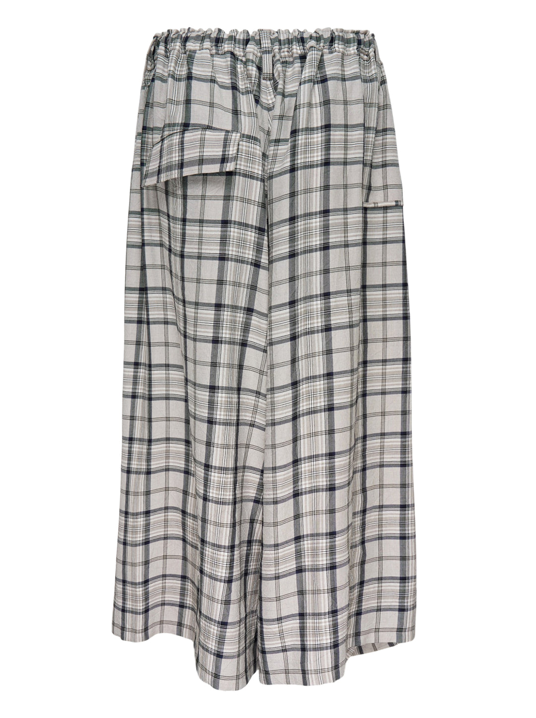 Y's gathered wide-leg pants in a grey, navy and white plaid with an elasticated waist and draped side panel - view 2