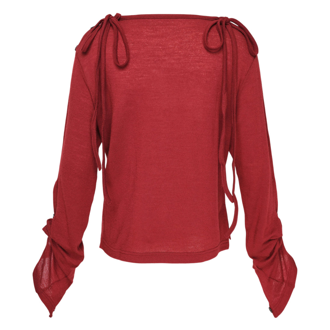 Y's red lightweight knit boat neck top with dark gunmetal buttons running along the full length of both long sleeves, shown flat on a white background - view 2