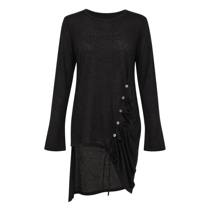 Y's black long-sleeve crew-neck knit top with asymmetric draped panel, vertical shell buttons, and adjustable drawstring tie creating a ruched sculptural effect