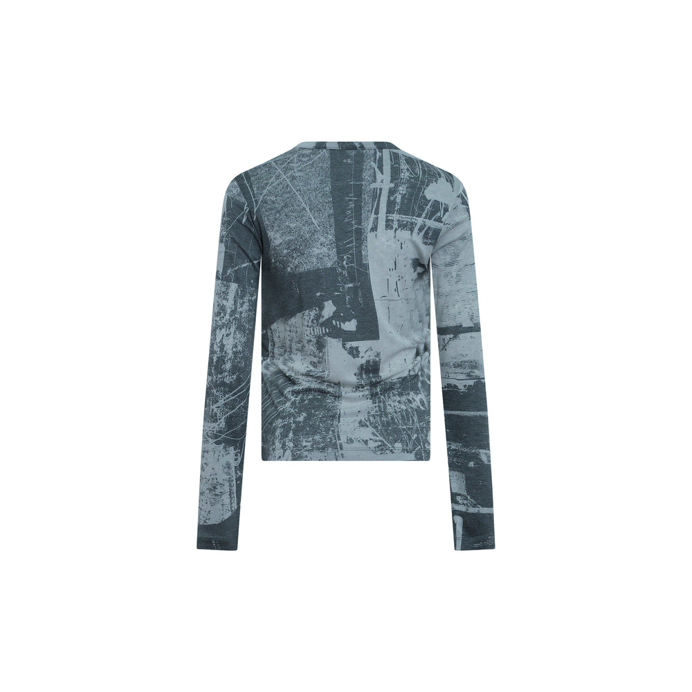 Y's round neck long sleeve cropped knit top with all-over tonal slate blue abstract collage graphic print, front view on white background - view 2