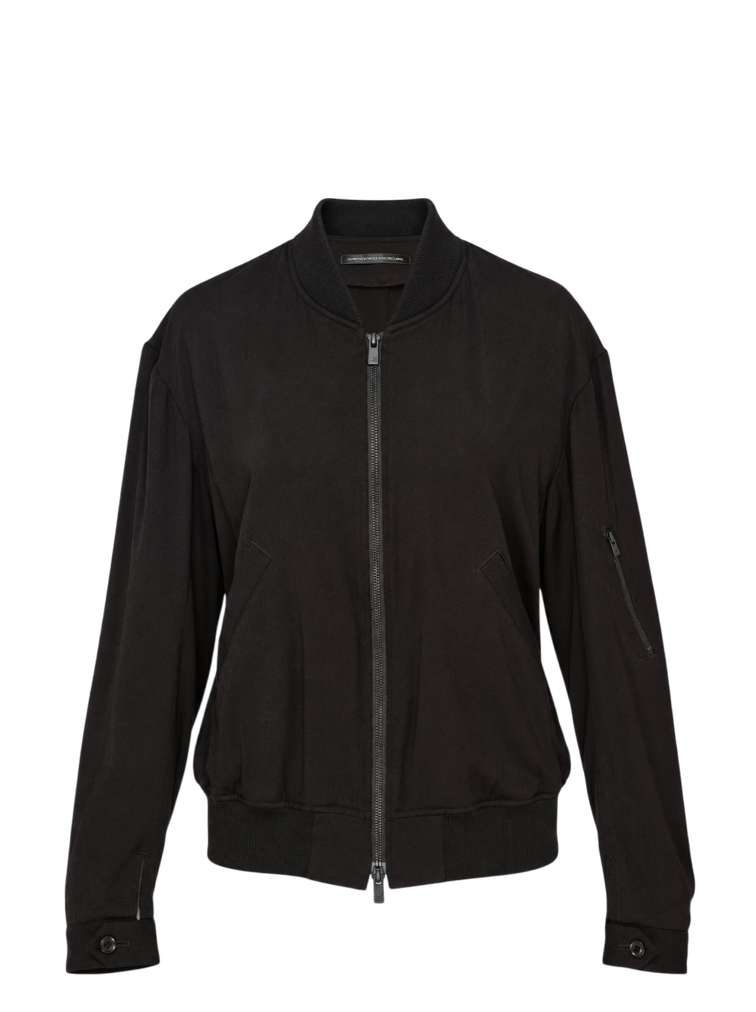 Y's black bomber blouson with ribbed collar, double-zip front, slanted pockets and sleeve zip pocket, shown from the front