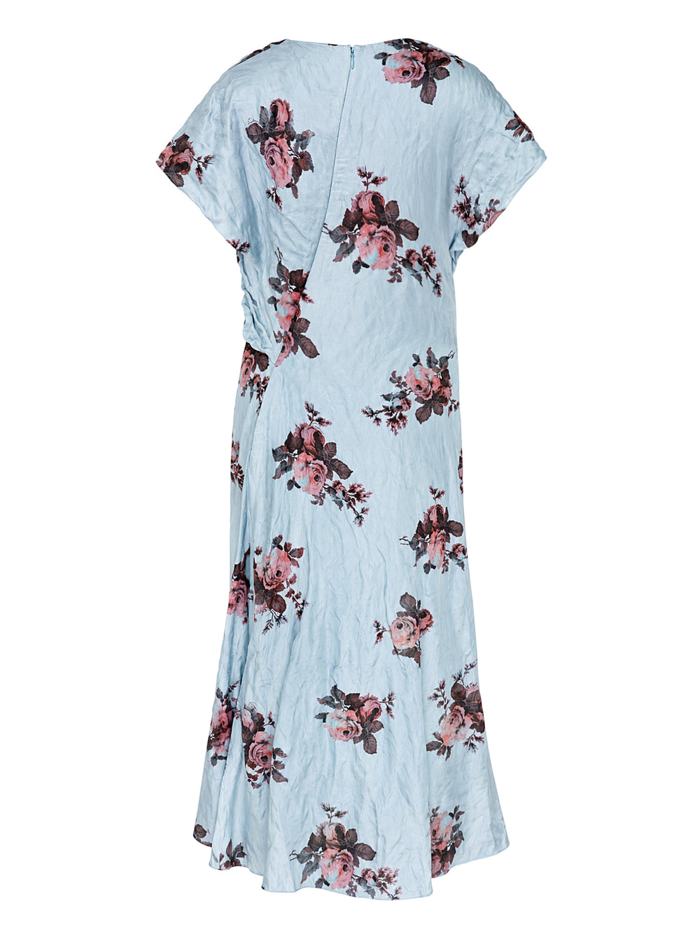 Erdem short sleeve midi dress in pale blue crinkled fabric with a pink and burgundy rose print, blouson bodice and flared hem - view 2