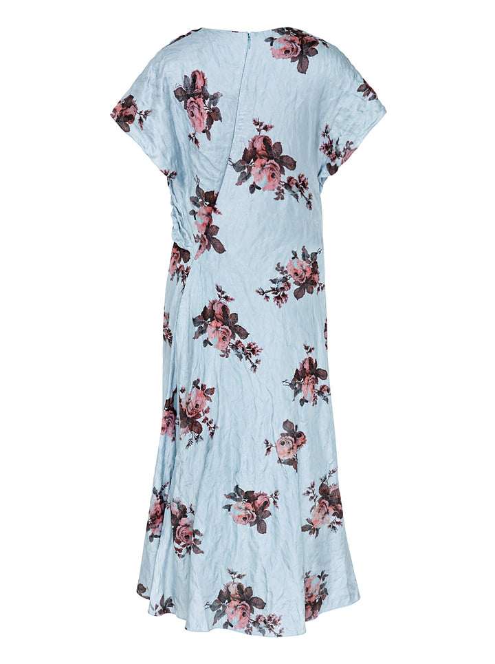 Erdem short sleeve midi dress in pale blue crinkled fabric with a pink and burgundy rose print, blouson bodice and flared hem - view 2