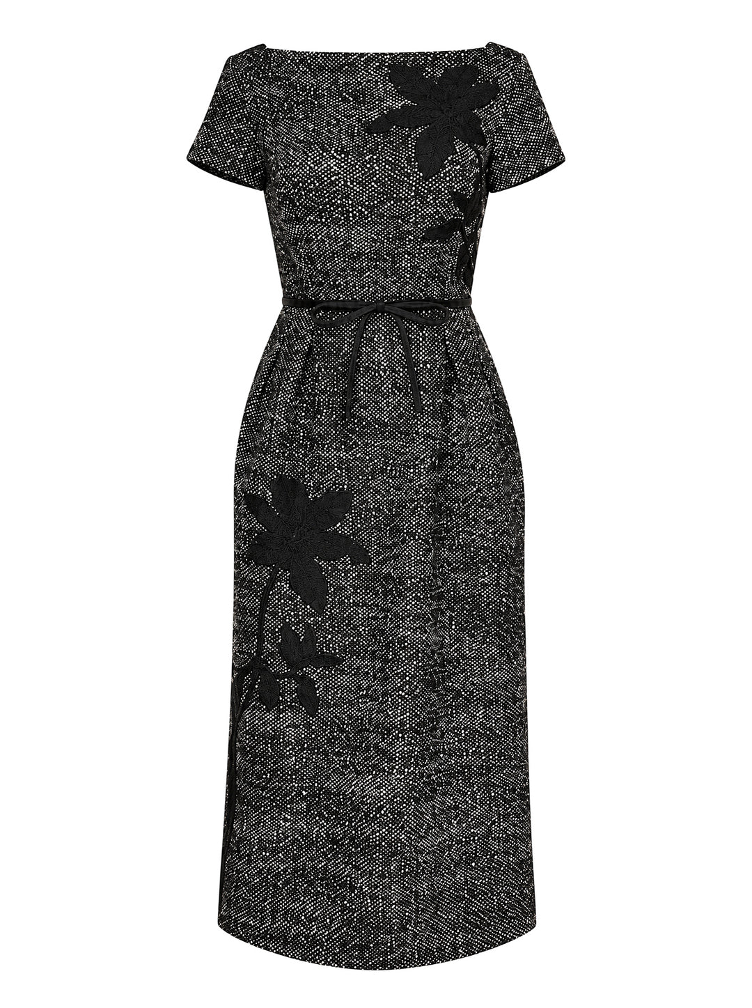 Erdem salt and pepper wool short sleeve midi dress with black floral appliqué, boat neckline and bow belt