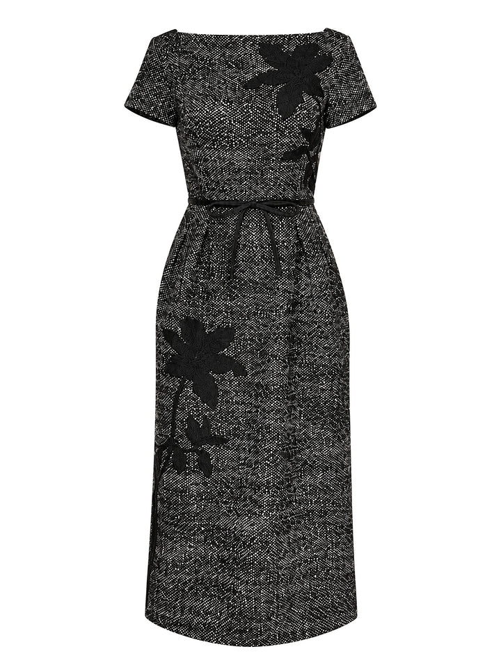Erdem salt and pepper wool short sleeve midi dress with black floral appliqué, boat neckline and bow belt