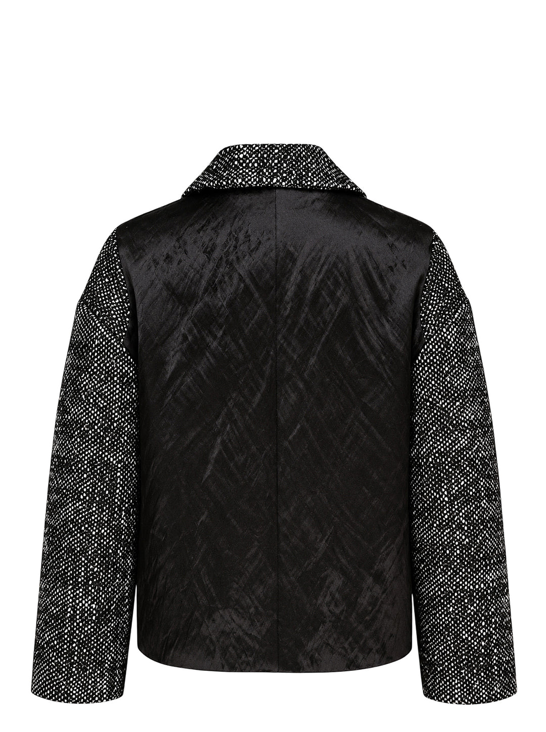 Erdem cropped jacket in salt-and-pepper wool tweed with notched lapels, three black buttons, flap pockets and a black botanical appliqué on the front - view 2