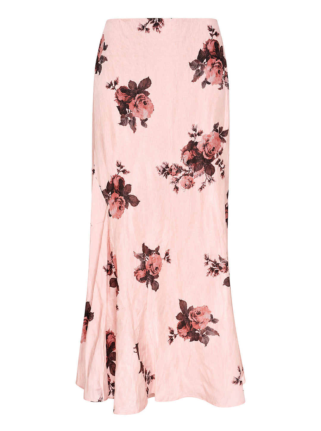Erdem pink crushed satin midi skirt with all-over burgundy and coral rose print and draped flared hem