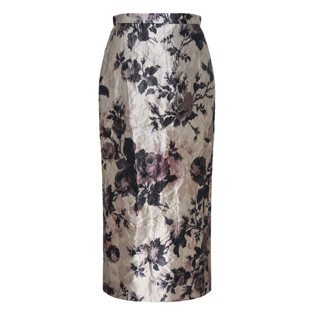 Textured Satin Floral Pencil Midi Skirt