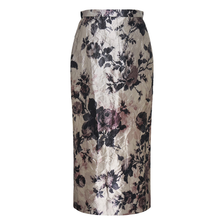 Textured Satin Floral Pencil Midi Skirt