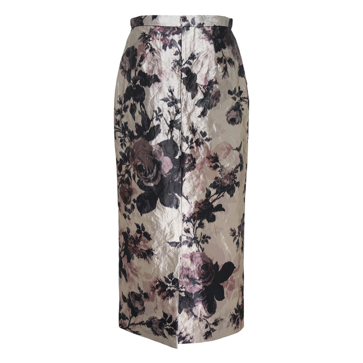 Textured Satin Floral Pencil Midi Skirt