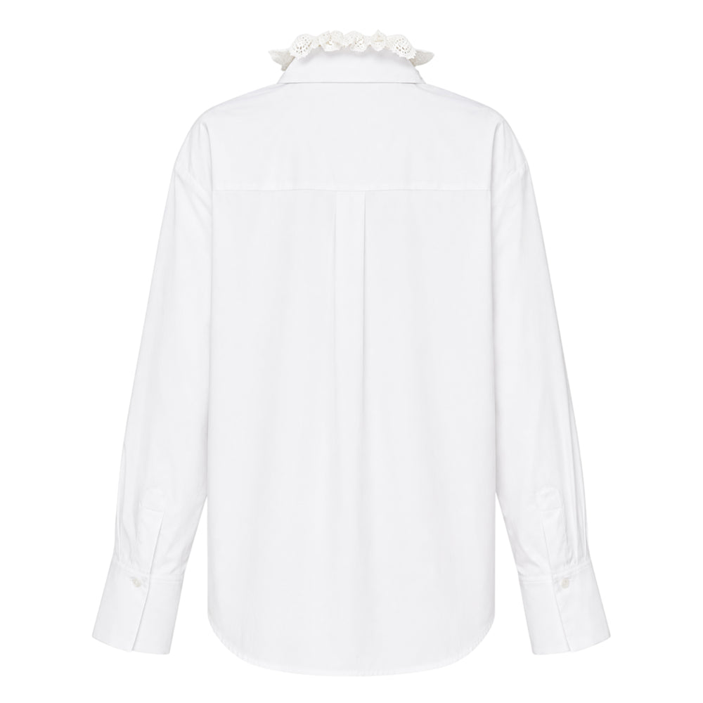 Erdem white cotton poplin long sleeve shirt with detachable broderie anglaise ruffle collar, classic pointed collar, and full-length button fastening - view 2