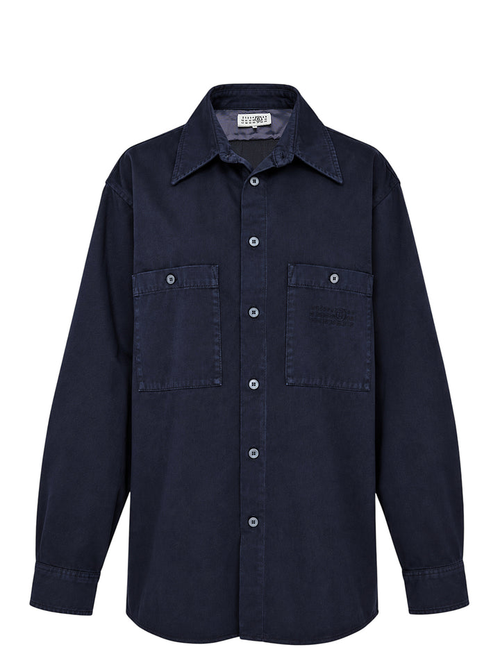 MM6 Maison Margiela overdyed long sleeve shirt in faded navy with button front, pointed collar and two oversized chest pockets