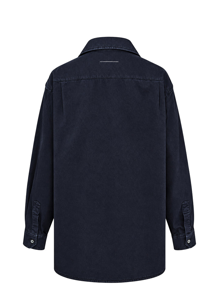 MM6 Maison Margiela overdyed long sleeve shirt in faded navy with button front, pointed collar and two oversized chest pockets - view 2