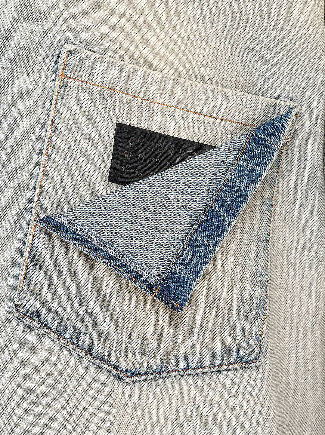 MM6 oversized faded blue denim long sleeve shirt with pointed collar, button placket and folded chest pocket detail - view 3