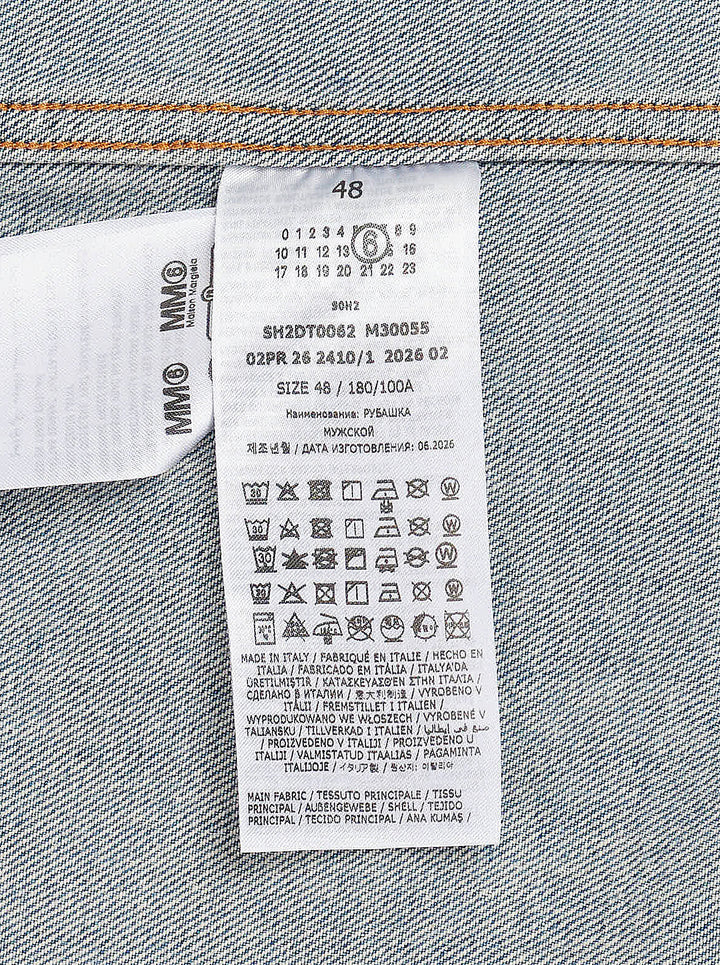 MM6 oversized faded blue denim long sleeve shirt with pointed collar, button placket and folded chest pocket detail - view 4