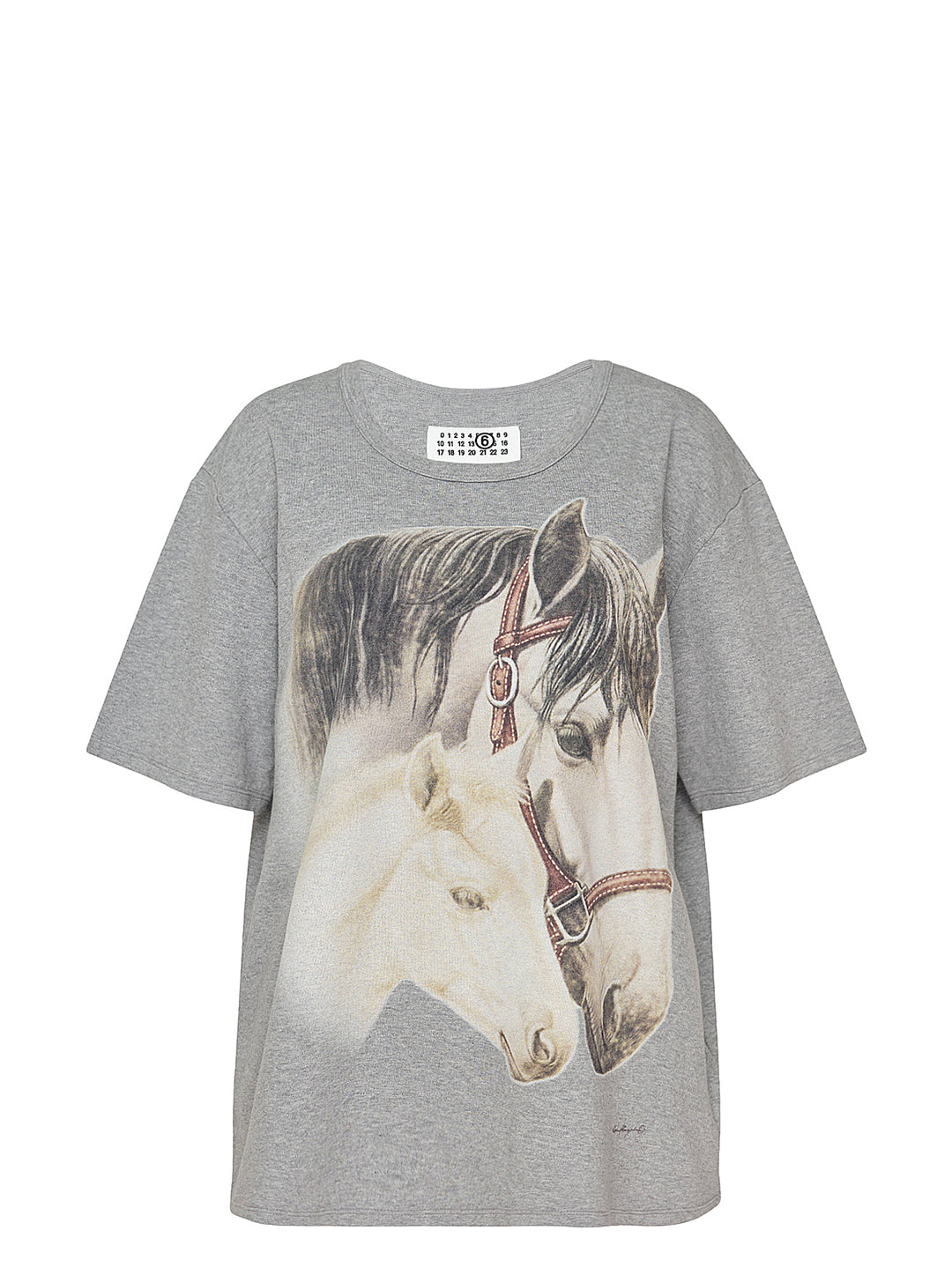 MM6 Maison Margiela grey marl cotton tee with an oversized graphic print of two horses, shown with the signature numeric neck label